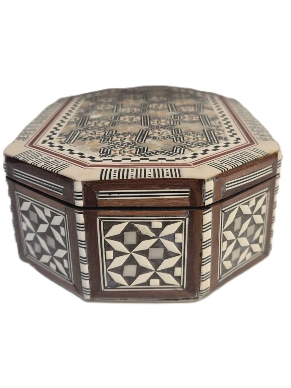 VTG 80s Egyptian Mother of Pearl Jewelry Box Octagonal Sadaf Mosaic Trinket Boho